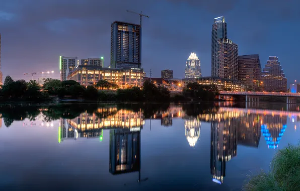 Ночь, город, огни, озеро, отражение, Austin, Texas, reflection