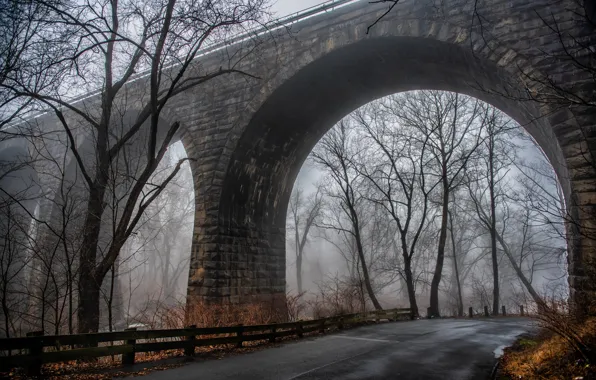 Картинка дорога, мост, туман