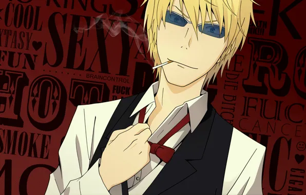 Очки, сигарета, durarara!!, шрифты, галстук-бабочка, shizuo heiwajima