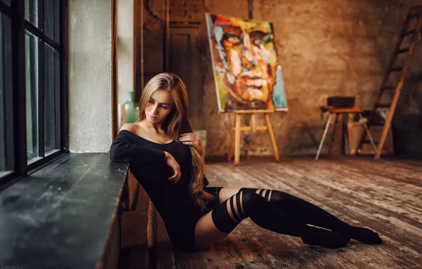Девушка, поза, чулки, фигура, окно, ножки, Валя, Evgeny Freyer