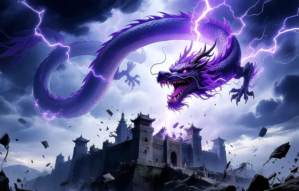 City, fantasy, Lightning, dragon, chinese