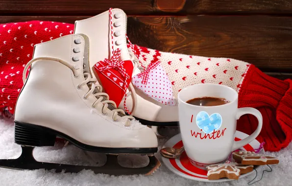 Зима, снег, любовь, праздник, сердце, кофе, печенье, чашка