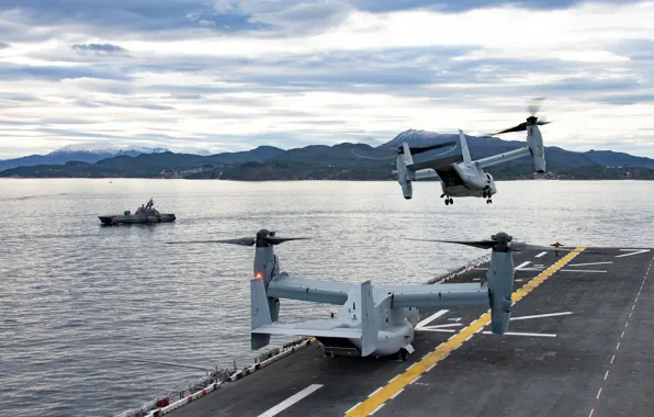 Море, Конвертоплан, Норвежское море, US NAVY, MV-22B Osprey, US Marine Corps, ВМС Норвегии, HNoMS Storm …
