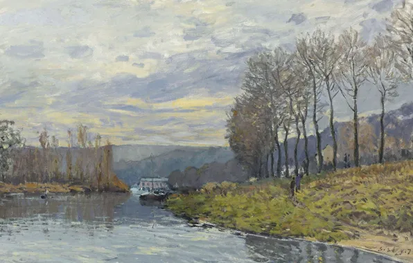 Пейзаж, река, картина, Alfred Sisley, Альфред Сислей, Сена в Буживале