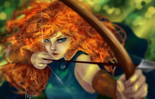 Картинка девушка, волосы, лук, арт, стрела, рыжая, локоны, Brave