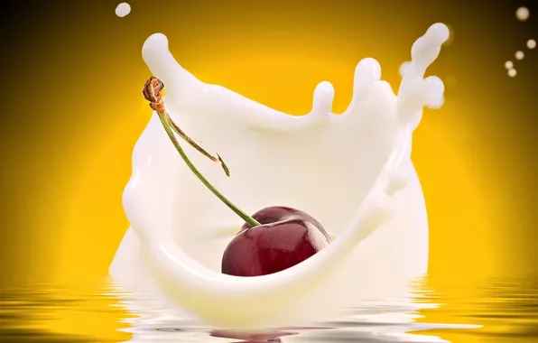 Вода, брызги, вишня, коллаж, всплеск, рябь, молоко, ягода