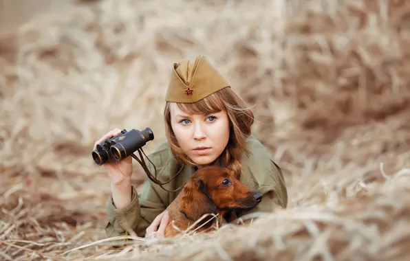Девушка, собака, солдат, сено, бинокль, такса, пилотка, фотограф Светлана Никотина