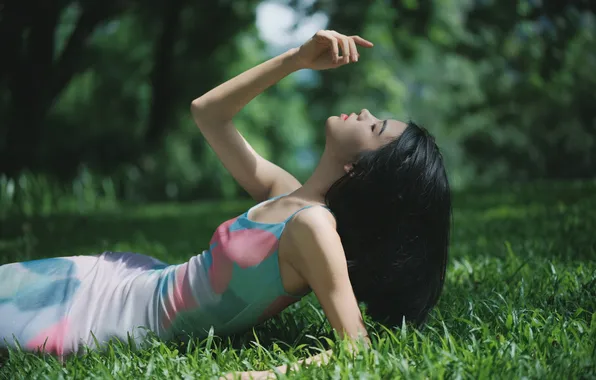 Grass, Beautiful, Asian, Model, Park, Woman, Cute, Lying Down