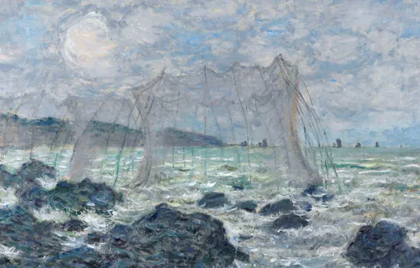 Картина, морской пейзаж, Клод Моне, Рыболовные Сети в Пурвиле