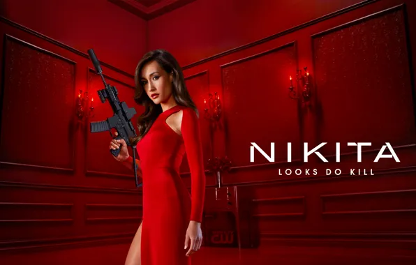 Сериал, азиатка, красное платье, винтовка, Nikita, Maggie Q, красная комната, шпионы