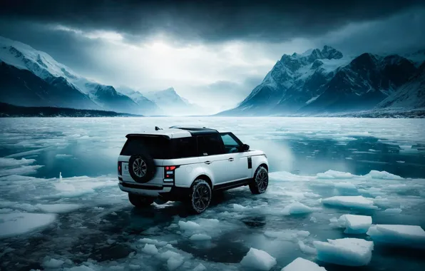 Картинка машина, авто, горы, озеро, лёд, джип, Range Rover, нейросеть