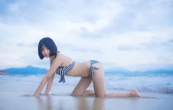 Море, брюнетка, простор, азиатка, очарование, привлекательная, asian girl, сексуальная красотка