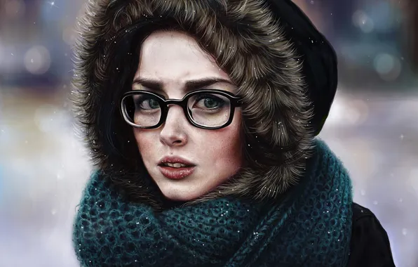 Холод, зима, взгляд, девушка, лицо, шарф, очки, капюшон