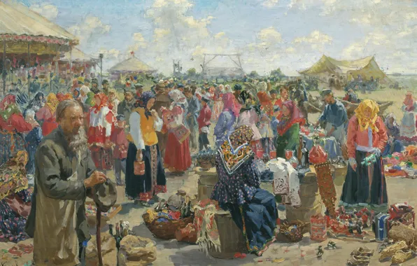 Картинка масло, дед, холст, торговля, 1910, Ярмарка, Иван КУЛИКОВ