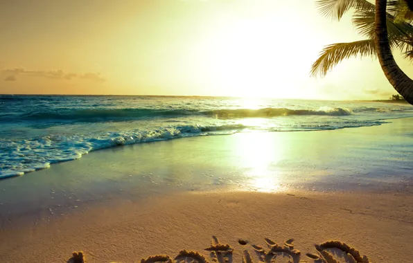 Картинка песок, море, пляж, солнце, закат, тропики, океан, берег