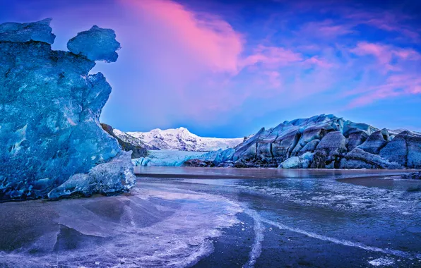 Картинка вода, закат, горы, лёд, Исландия, Iceland, Auster-Skaftafellssysla, ледник Ватнайёкюдль