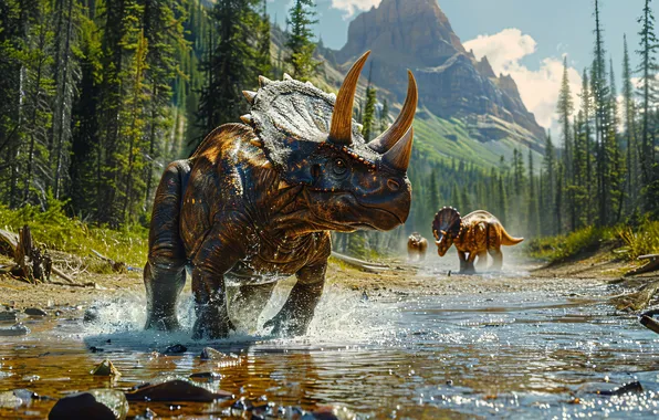 Вода, Горы, Деревья, Гора, Динозавр, Рога, Речка, Triceratops