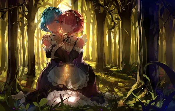 Картинка лес, девушки, anime, art, сёстры, Ram, Rem, Re: Zero kara Hajimeru Isekai Seikatsu