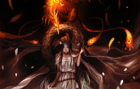 Картинка Девушка, перья, змей, феникс, василиск