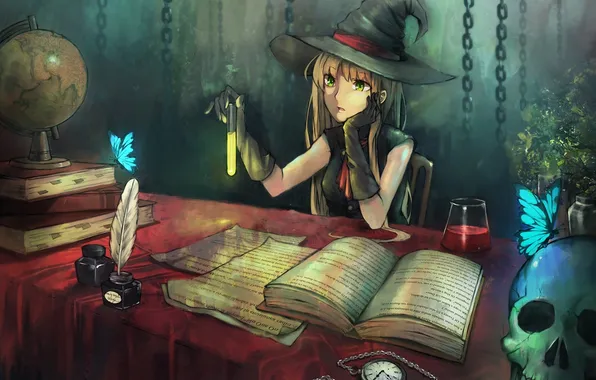 Картинка бабочки, часы, книги, череп, шляпа, перчатки, ведьма, глобус