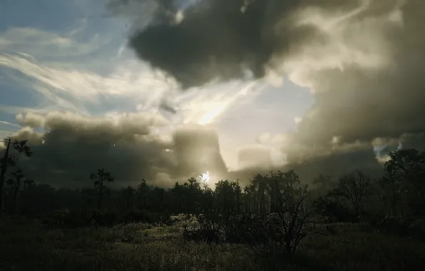 HDR, Clouds, Wood, Game, Sunlight, UHD, Red Dead Redemption 2, RDR2
