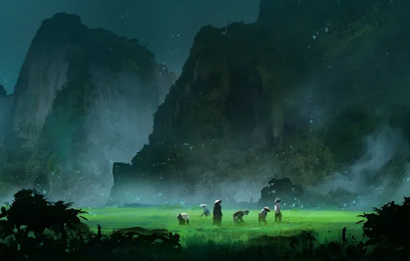 Картинка Valley, Firefly, Environments, Misty Day, Hernan Flores, by Hernan Flores, Working, Rice Paddy