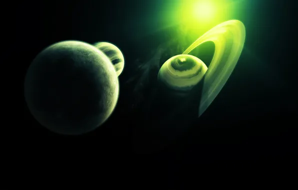 Картинка космос, свет, планеты, кольца, зелёный