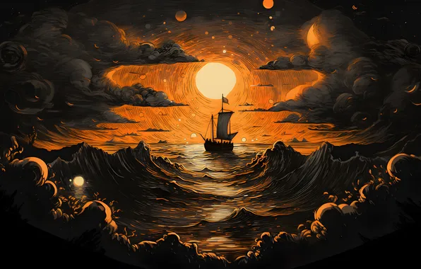 Картинка waves, sky, landscape, Sun, water, clouds, ship, digital art