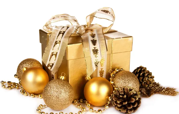Картинка шарики, подарок, шары, Новый Год, Рождество, golden, christmas, balls