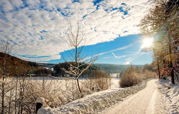 Картинка зима, дорога, солнце, пейзаж, природа, красота