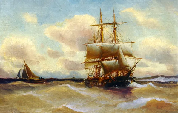 Картинка море, волны, небо, пейзаж, шторм, лодка, корабль, картина