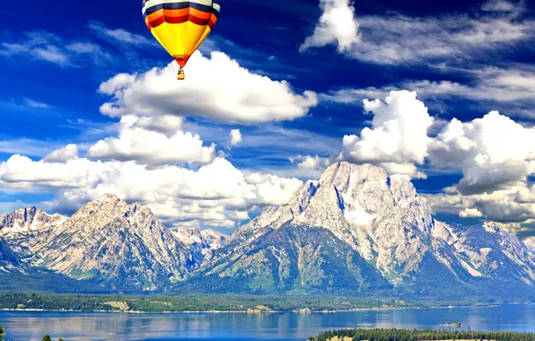 Картинка небо, облака, пейзаж, горы, воздушный шар, Вайоминг, USA, Америка