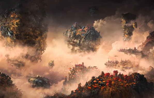 Горы, Город, Скалы, Fantasy, Арт, Фантастика, Autumn, Небеса
