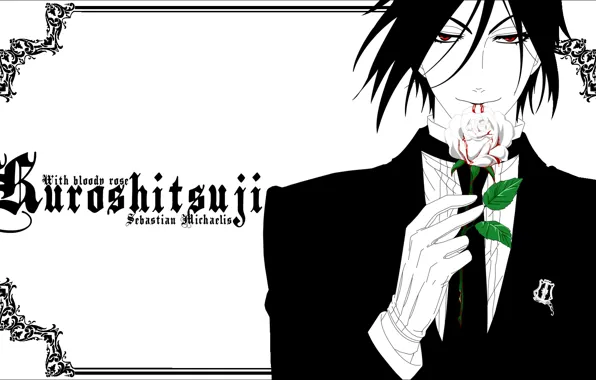Роза, демон, шипы, красные глаза, Kuroshitsuji, Sebastian Michaelis, дьявольский дворецкий, art Yana Toboso