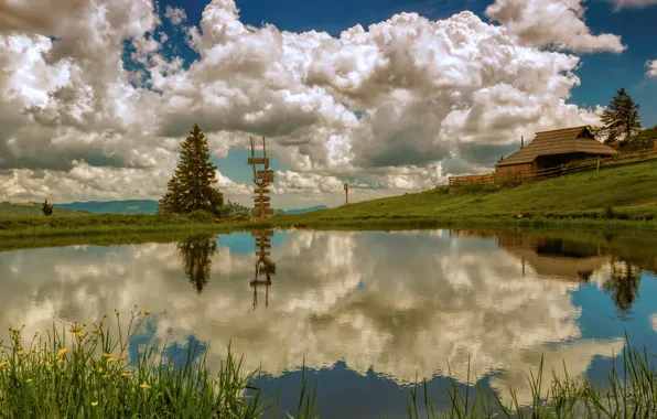 Lake, Sky, Clouds, Nature, Slovenia, Велика Планина, Velika Planina, Облака