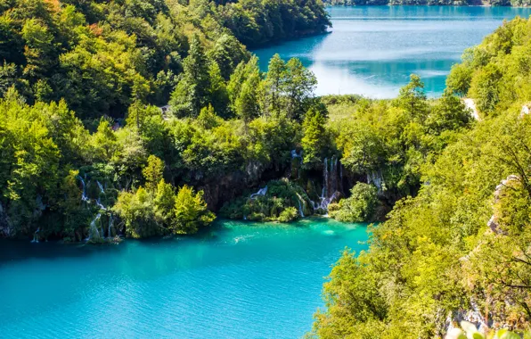 Картинка деревья, пейзаж, озеро, водопад, trees, landscape, lake, waterfall