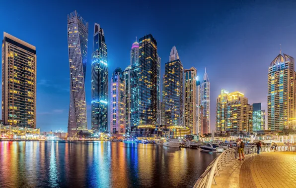 Здания, Дубай, архитектура, ночной город, Dubai, набережная, небоскрёбы, гавань