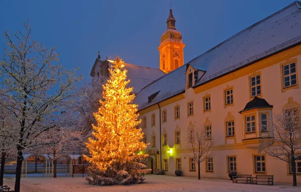 Картинка city, lights, Christmas, twilight, trees, Germany, sunset, winter