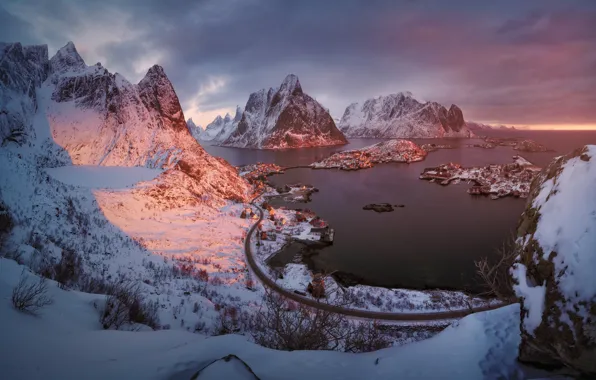 Картинка зима, свет, горы, фьорд, Лофотенские острова