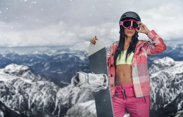 Girl, mountains, snow, glasses, sports, skateboard, helmet, skateboarding