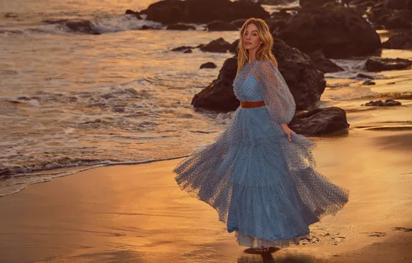 Море, взгляд, девушка, поза, побережье, платье, Sydney Sweeney