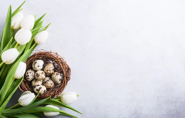 Картинка цветы, яйца, весна, Пасха, тюльпаны, white, happy, flowers