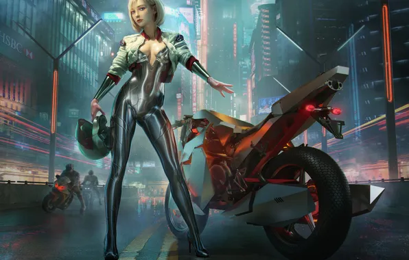 Motorcycle, cyberpunk, women, helmet, CGI, Yuan Yuan