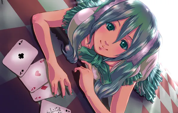 Картинка карты, hatsune miku, зеленые волосы, вокалоид, лежа
