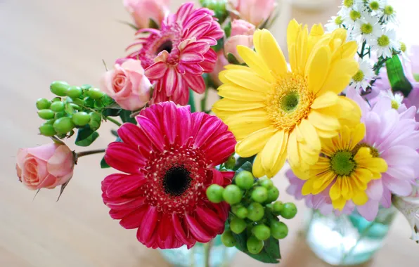 Желтый, розовый, розы, букет, весна, colorful, герберы, Roses