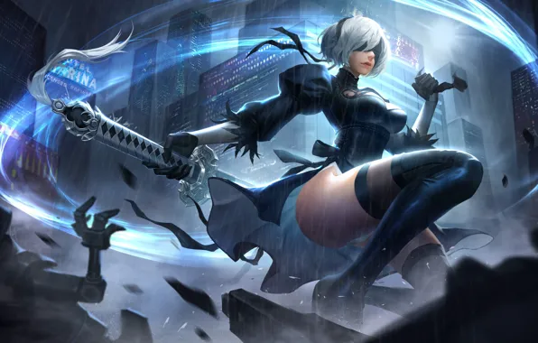 Девушка, Рисунок, Меч, Android, Арт, Nier, Illustration, Characters