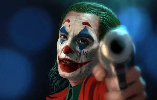 Оружие, слезы, Джокер, Joker, размытый фон, грим, дуло пистолета