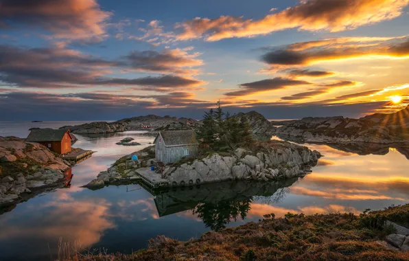Картинка небо, закат, озеро, скалы, домик, Norway, Bjоrkeland, Bjоrn Peder