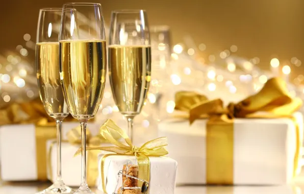 Картинка новый год, бокалы, подарки, шампанское