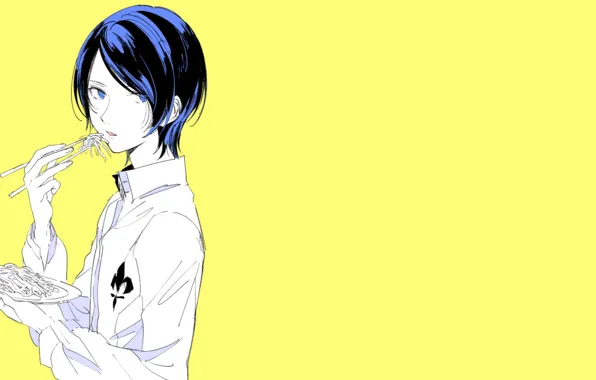Игра, еда, аниме, арт, тарелка, парень, жёлтый фон, Persona 5